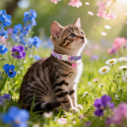 Unique Style Paws Blue Flower Cat Collar,Flower Cat Collars,Blue Kitten Collar Breakaway Buckle,Adjustable Spring Summer Puppy Collar,Ideal Gift for Boy Girl Cats
