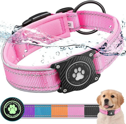 Airtag Dog Collar with Waterproof Air Tag Holder, Luminous Reflective, Soft Padded, Adjustable Nylon Pet Collar for Small Medium Large Heavy Duty Dogs,Pink, L