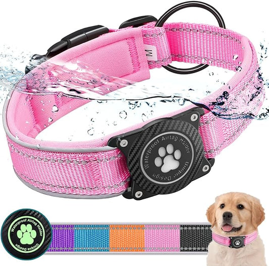 Airtag Dog Collar with Waterproof Air Tag Holder, Luminous Reflective, Soft Padded, Adjustable Nylon Pet Collar for Small Medium Large Heavy Duty Dogs,Pink, L