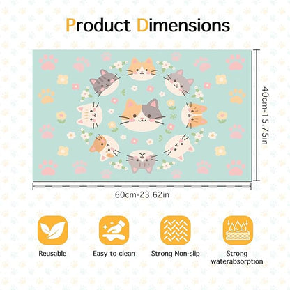 Cat Feeding Mat 24x16 inch Kitten Print Pet Bowl Placemat Non Slip Floor Mat for Food and Water Indoor Kitty Feeding Station Cute Meal Pad for Small Pets Kitchen Use