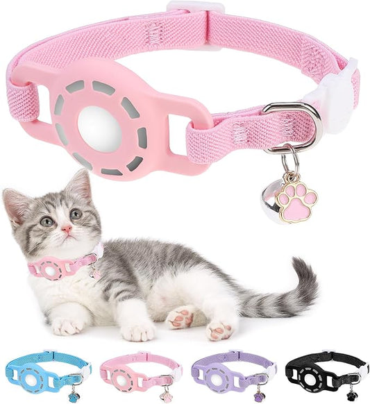 Airtag Cat Collar Breakaway, Stretchy Cat Tracker Collar with Apple Air Tag Holder for Boy Girl Cats, Elastic GPS Tracking Collars for Kittens and Puppies, Adjustable 9"-12" Pink