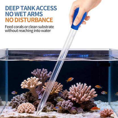 Extra Long Aquarium Coral Feeder Tool with Extension Tube, Deep Tank Fish Feeding Pipette, Long Pipette for Coral and Fish Feeding,Reef Tank Maintenance Accessories（17.7in&11.4in）