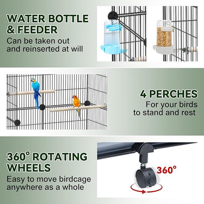 Upgraded Encrypted 46-Inch Bird Cage, with Wooden Perches, Metal Parakeet Cage with Slide-Out Tray, Water Bottle&Feeder, Bird Cages for Parrot,Parakeets,Cockatiel,Lovebird,Small Mid-Sized Birds