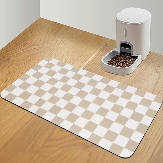 Checkered Dog Food Mat, Absorbent Leak-Proof Pet Feeding Mat, Quick Dry Cat Food Mat for Messy Drinkers 17" x 32" Khaki
