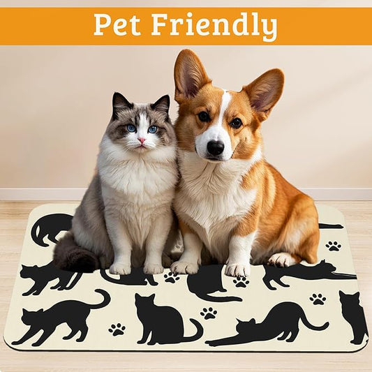 Pet Feeding Mat,Cat Silhouette Absorbent Dog Cat Food Mat Dog Mat with Rubber Backing,Non-Slip Water Bowl Placemat,Pet Supplies 16" x 24"