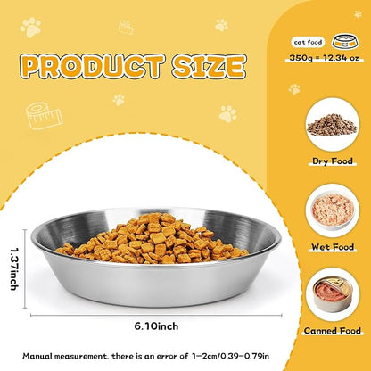 4-Pack Stainless Steel Cat Food Bowls, Shallow Whisker-Friendly Non-Slip Silicone Base Metal Dishes, Easy to Clean Indoor Water Flat Plates for Cat, Kitten, Small Dog (5.9")