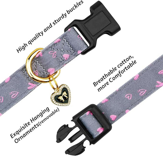 Cotton Handmade Dog Collar Cute and Distinctive Patterns Grey Heart with Pendant for Girl Boy Dogs Collars L