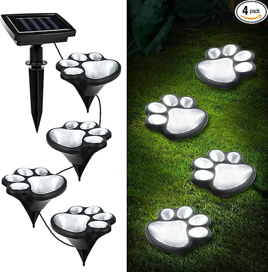Animal Paw Print Solar Lights Outdoor Garden Decor, 4 Pack Paw Print Lights with Cord, IP55 Waterproof Yard Pathway Decor Light, Cold White Color Light, New Home Birthday Christmas Gift