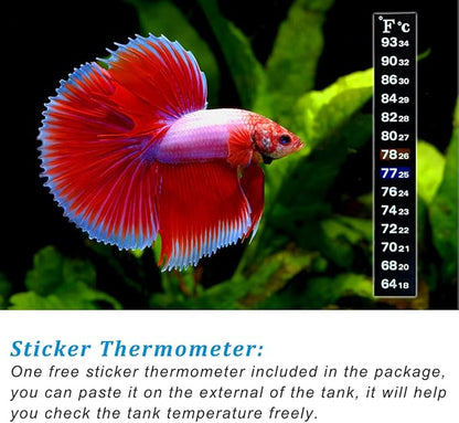 PULACO 25Watt Mini Aquarium Submersible Betta Heater with Free Thermometer Strip for 1-6 Gallon Fish Tanks (Preset Temperature 78℉)