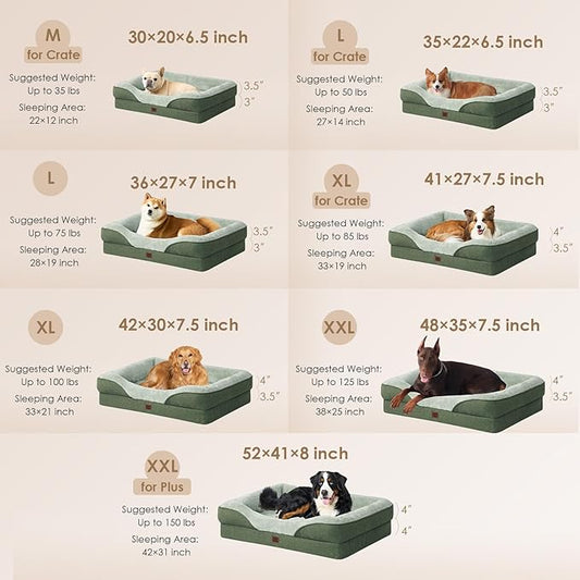 EHEYCIGA Orthopedic XL Dog Bed for Large Sized Dog, 48x35x7.5 Inch Extra Large Memory Foam Dog Couch Bed with Sides, Waterproof Liner & Washable Removable Cover, Bolster Pet Sofa, Green