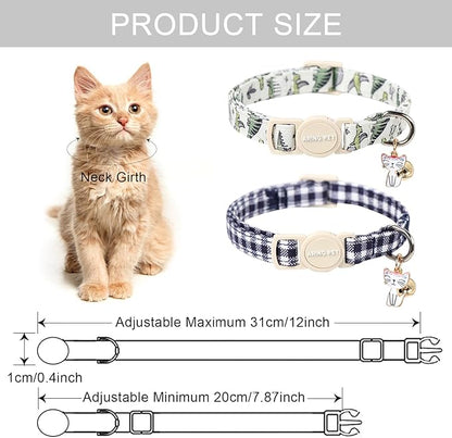 ARING PET 2 Pack Cat Collar-Cute Cotton Cat Collar with Bell & Pendant, Adjustable Dinosaur Kitten Collars with Safety Buckle for Girl and Boy Pets