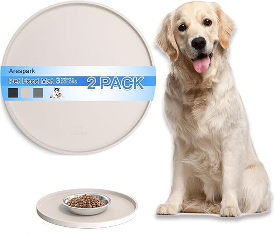 Arespark Dog Food Mat, Nonslip Waterproof Dog Silicone Feeding Bowl Mat with Raised Edges for Floors Prevent Spills, Round Eating Plate Puppy Supplies 10inch (Off White, 2 Pack)
