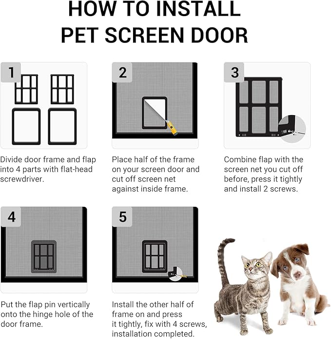 PETLESO Small Pet Door for Screen & Sliding Doors - 8.3" x 10.3" Magnetic Auto-Close Flap with Lockable Insert, Ideal for Cats & Small Dogs, Black