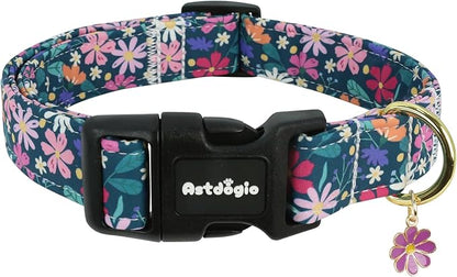 Dog Collar for Medium Dogs, Spring Dark Green Dog Collars with Flowers Pattern, Adjustable Cotton Dog Collars, Cute Girl or Boy Dog Collar Ideal for Gifts,Pet Accessory