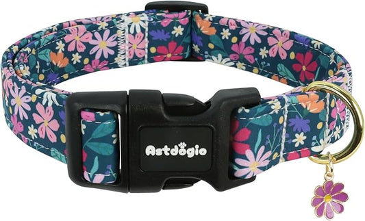 Dog Collar for Medium Dogs, Spring Dark Green Dog Collars with Flowers Pattern, Adjustable Cotton Dog Collars, Cute Girl or Boy Dog Collar Ideal for Gifts,Pet Accessory