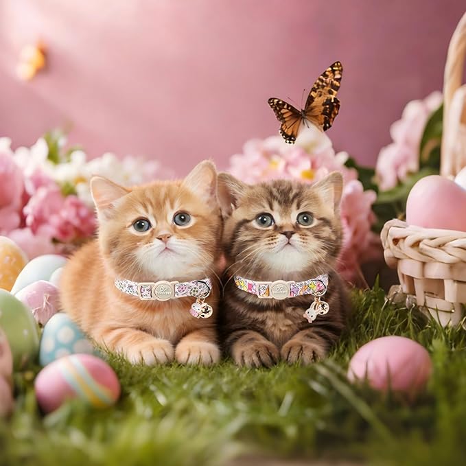 2 Pack Easter Cat Collars - Pastel Bunny&Egg Print Breakaway Easter Cat Collar with Bell & Bunny Pendant, Adjustable Cute Spring Holiday Kitten Collars for Boy Girl Cats