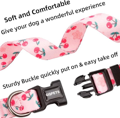 QQPETS Adjustable Soft Dog Collar: Print Flower Pink Multicolor Cute Patterns for XS Small Medium Large Pet Girl Boy Puppy Walking Running Training (M, Sakura Pink)