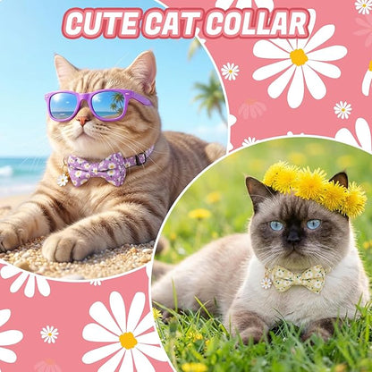 6 Pack Breakaway Cat Collars with Bow Tie and Bell Floral Kitten Cat Collars Adjustable Cat Bowtie Collar with Pendants for Girl Boy Kitten Cats