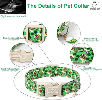 St Patricks Day Dog Collar for Small Dogs - Green Beer Shamrock Dog Collars for Boys&Girls Dogs, Adjustable Irish Clover Puppy Collar with Quick Release Buckle XS