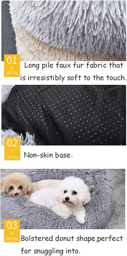 BODISEINT Faux Fur Dog Bed, Shag Round Anti-Anxiety Pet Calming Doughnut Cuddler for Medium Large Puppy Dog Cat Kennel Cushion - Self Warming (28'' D x 8" H, Light Grey)