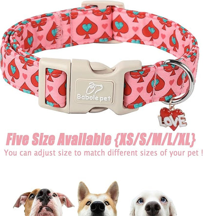Valentines Dog Collar for Small Dogs - Design Cute Rose Red Valentine Dog Collars Boy Girl Puppy Adjustable Quick Release Buckle Collar with Little Heart Charm XS