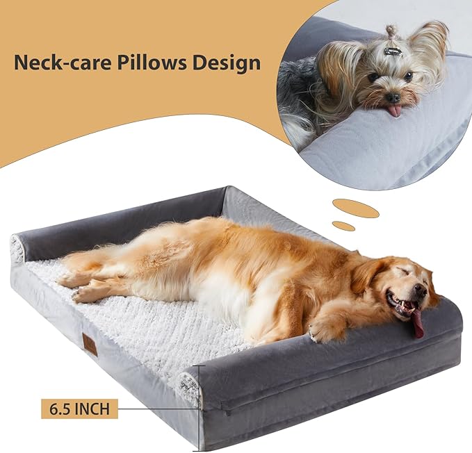 WNPETHOME Orthopedic Dog Beds for Extra Large Dogs, Waterproof Memory Foam XL Pet Bed with Sides, Non-Slip and Egg-Crate Foam Big Dog Couch Bed with Washable Removable Cover, Grey