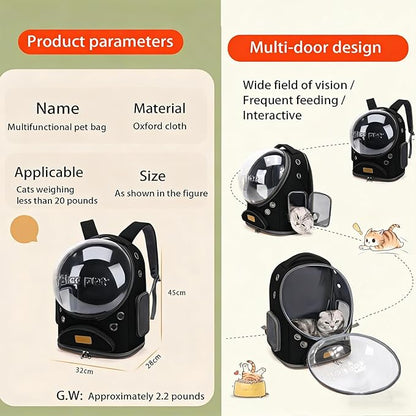 Cat Backpack Carrier, Breathable Pet Carrier Backpack Large Space Bubble for Small Dog and Large cat up to 18lbs, Transparent & Foldable Pet Carrier for Travel Hiking (Black)