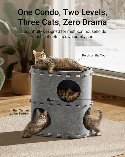 DownyPaws Cat House for Indoor Cats, 2-Storey Foldable Cat Bed Cave, Felt Cats Tunnel Bed Condo, Castle Kitten Cube Hideaway for Multicats, Scratch Resistant, Light Gray