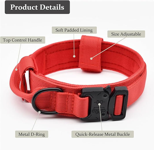 Tactical Dog Collar, Adjustable Military Training Nylon Dog Collar with Control Handle and Heavy Quick-Release Metal Buckle for Small Medium Large Dogs, Red S