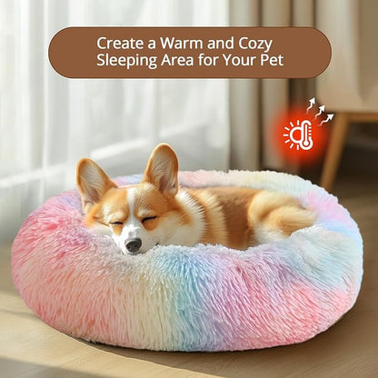 JOLLYVOGUE Calming Small Dog & Cat Bed for Indoor Cats - 20 inches Washable Donut Bed for Kittens & Puppies, Anti-Anxiety Round Fluffy Plush Pet Beds (Fits up to 15 lbs, Rainbow)