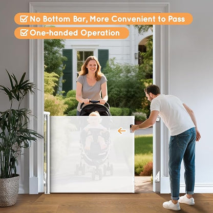 Retractable Baby Gate for Stairs, 55" Wide Mesh Pet Gate, Automatic Tension, One-Hand Operation, 38" Tall Baby Gates for Doorways, Hallways, Deck, Indoor Outdoor, Safe, Easy to Fit, White