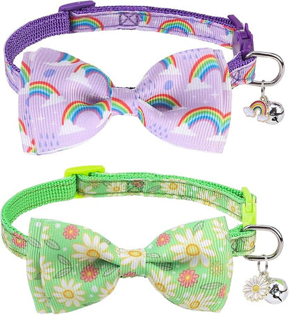 SCENEREAL Cat Collar with Bells, 2 Pcs Breakaway Cat Collars with Adustable Bowtie, Safety Kitten Collar for Boy Girl Cats Puppy, Cute Spring Summer Rainbow & Floral Pet Collar, Green & Purple