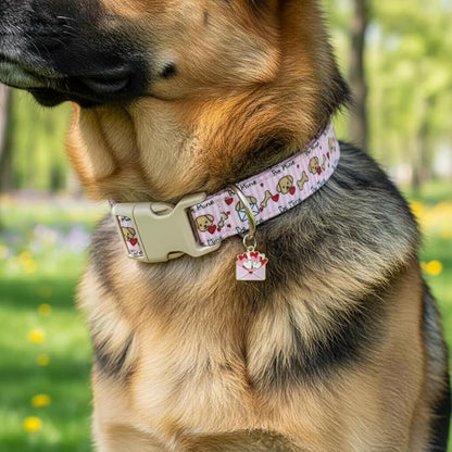 Pink Dog Collar, Girl Dog Collar with Cute Dogs and Hearts, Cute Spring Summer Food Collar with Soft & Breathable Fabric, Adjustable Pet Collar for Small Dogs