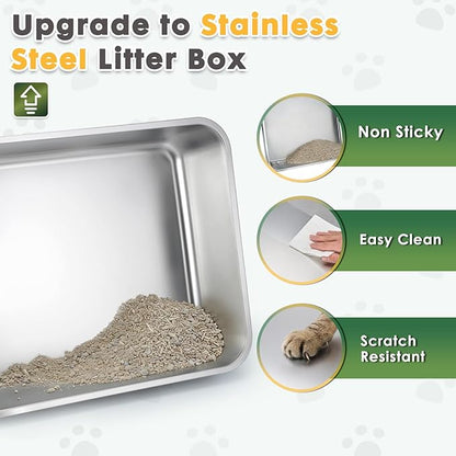 Stainless Steel Litter Box with Lid,Side Entry Large Litter Box,Enclosed High Sided Litter Boxes with High Sided Enclosure&Scoop,Anti-Urine Leakage Non-Sticky for Kitty&Medium Cats(Grey)