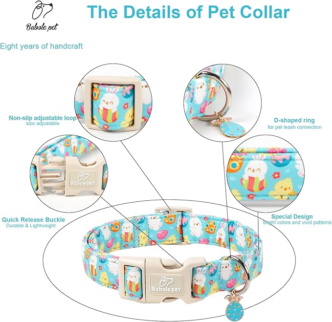 Easter Dog Collar for Large Dogs - Cute Easter Egg Hunt Dog Collars for Boy Girl Dogs, Playful Bunny & Chick Print, Lightweight Adjustable Spring Holiday Dog Collar L