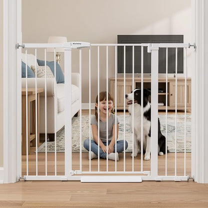 Mumeasy 36" Extra Tall Baby Gate for Stairs, 29.7-51" Wide Dog Gates Indoor for Doorways with Easy Walk Thru, Auto Close Pet Safety Gate for House, Pressure Mounted Metal Child Gate with Door, White