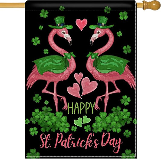 Dyrenson Happy St Patricks Day Flamingo 28 x 40 House Flag Double Sided, Lucky Shamrock Clover Black Garden Yard Decoration, Spring Irish Love Hearts Burlap Outdoor Decor Decorative Large Flag
