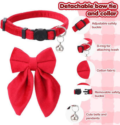 2Pcs Cat Collars for Girl Cats Breakaway Pink Cat Collar with Removable Bow Adjustable Kitten Collar with Bell for Cute Kitten Girl Cats （Pink Red）