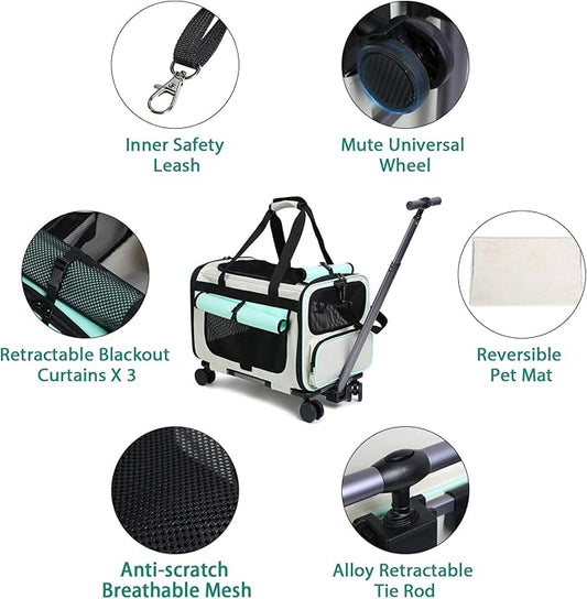 Expandable Pet Carrier with Wheels for Small Dogs and Cats,Airline Approved Rolling Cat Carrier with Removable Platform,18”X11”X14”,Foldable Soft-Sided Travel Bag Fits Under Seat,Up to 16 lbs(Blue)