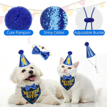 EXPAWLORER Dog Birthday Party Supplies - Dog Birthday Bandana Scarf and Party Hat with Numbers Boy Girl Pet Bow Tie, Cute Outfit for Small Medium Large Dogs (Large)