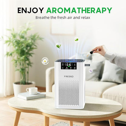 FRESKO Small Air Purifier for Home, HEPA Air Purifiers for Pet Hair, Odors, Quiet Air Cleaner with Aromatherapy for Bedroom & Office, Real-Time PM 2.5 Display, 22dB Sleep Mode, 360°Airflow, White