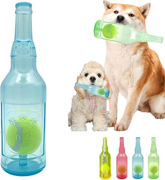 Cute Tough Dog Toy Rubber Bottle Squeaky Dogs Chew Toy Long Lasting Interactive Fetch Toy for Teething Tennis Ball Included (Blue, Large)