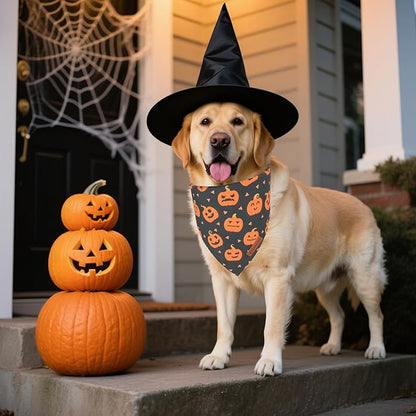 ADOGGYGO Halloween Dog Bandanas 2 Pack, Reversible Pumpkin Ghost Scarf, Premium Fabric, Adjustable Fit Orange Black Halloween Bandanas for Medium Large Dogs (Large)