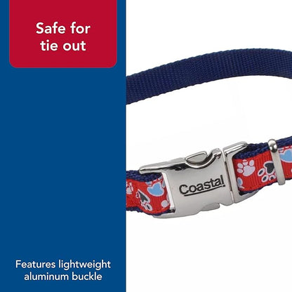 Coastal Pet - Ribbon - Adjustable Dog Collar with Metal Buckle, Red with Paws, 5/8" x 08"-12"
