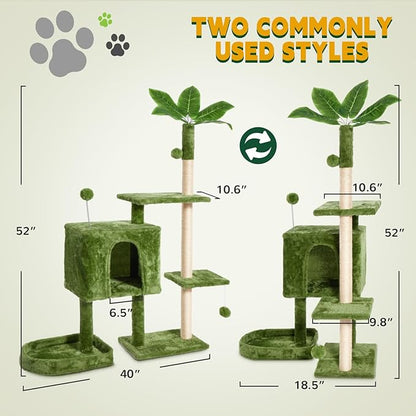 52in Multi-Level Cat Tower with Sisal Scratching Posts, Hidden Cave & Perch Platform, Large Cat Condo for 1-3 Cats, Eco-Friendly Pet Furniture with Realistic Leaves, Green