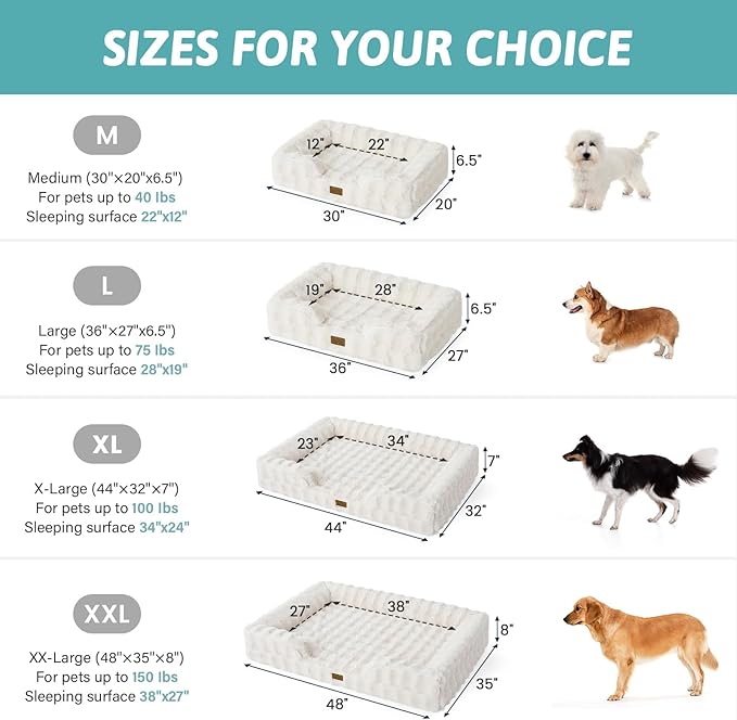 Self Warming Dog Bed for Large Size Dog, Faux Fur Orthopedic Puppy Sofa with Washable Removable Cover, Bolster Orthopedic Egg Crate Foam Bed for Pet Up to 100 lbs, XL 44x32x7 inch, Beige