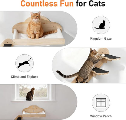 XiaZ Cat Wall Hammock Mounted Bed with 4 Climbing Steps, Modern Cats Shelves and Perches up to 30lbs, Wooden Kitten Wall Furniture for Indoor Sleeping, Playing, Climbing and Lounging (Hammock)
