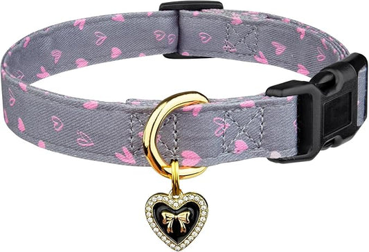 Cotton Handmade Dog Collar Cute and Distinctive Patterns Grey Heart with Pendant for Girl Boy Dogs Collars L