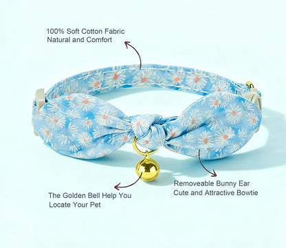 Bunny Ear Bowtie Cat Collar with Bell 2 Pack Cotton Breakaway Kitten Collars with Removeable Bow Stylish Cat Collars(Floral Blue)