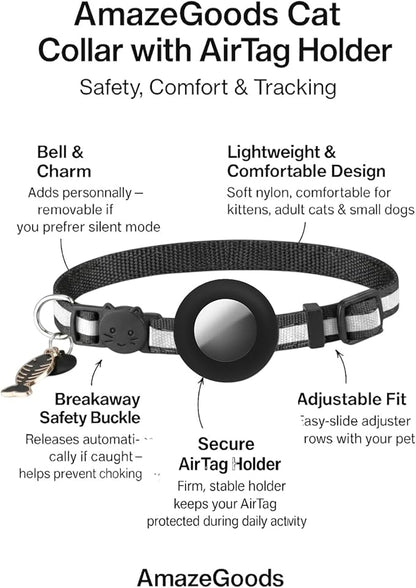 AirTag Cat Collar Airtag Holder for Cats – Breakaway Reflective Nylon Kitten Collar with Bell, Adjustable 1cm Cat Collar for Tracking, Safety & Small Cats (Fits 8.66–13.78 in)
